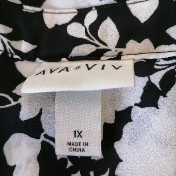 Ava & Viv Womens Black Roll Tab Sleeve Floral Print Peasant Blouse Top Size 1X - Picture 7 of 9